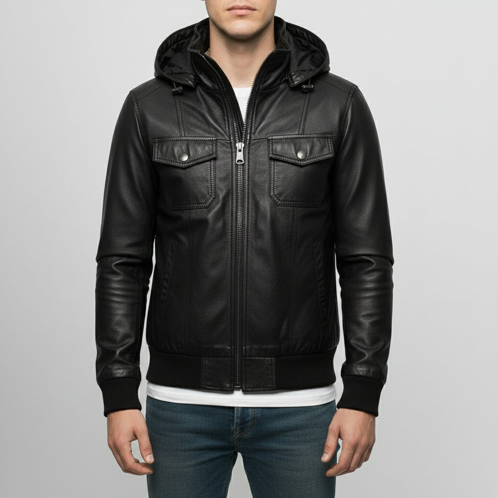 Men's Black Hooded Leather Biker Jacket