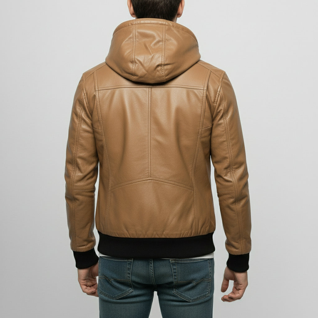 Men's Tan Hooded Leather Biker Jacket