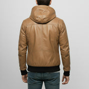 Men's Tan Hooded Leather Biker Jacket