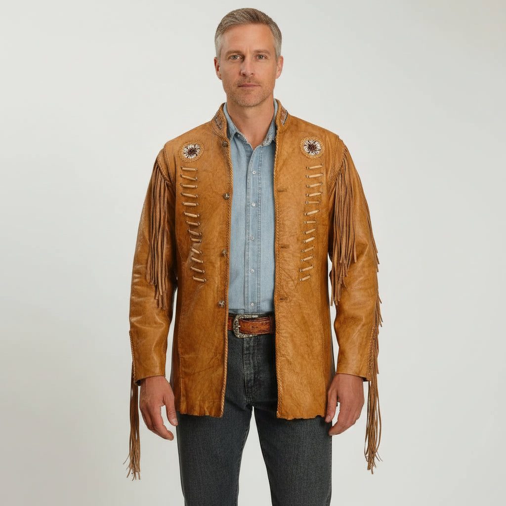 Men's Tan Fringe Leather Biker Jacket