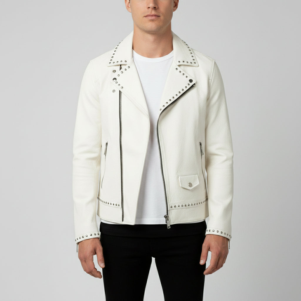 Men's Cream Studded Pebbled Leather Biker Jacket
