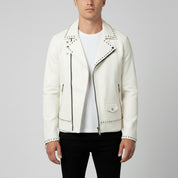 Men's Cream Studded Pebbled Leather Biker Jacket