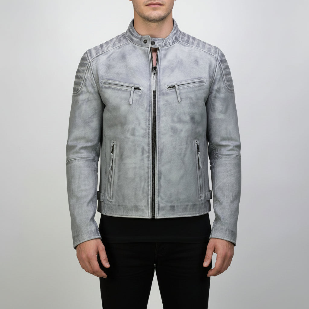 Men's Light Grey Antique Wash Leather Biker Jacket
