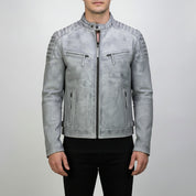 Men's Light Grey Antique Wash Leather Biker Jacket