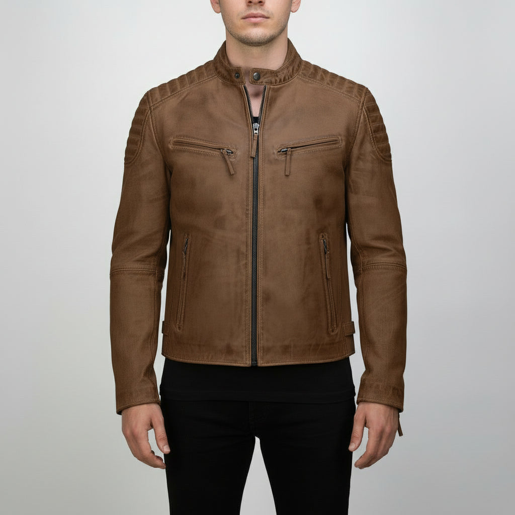 Men's Brown Antique Wash Leather Biker Jacket