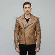 Men's Tan Silver Studded Leather Biker Jacket