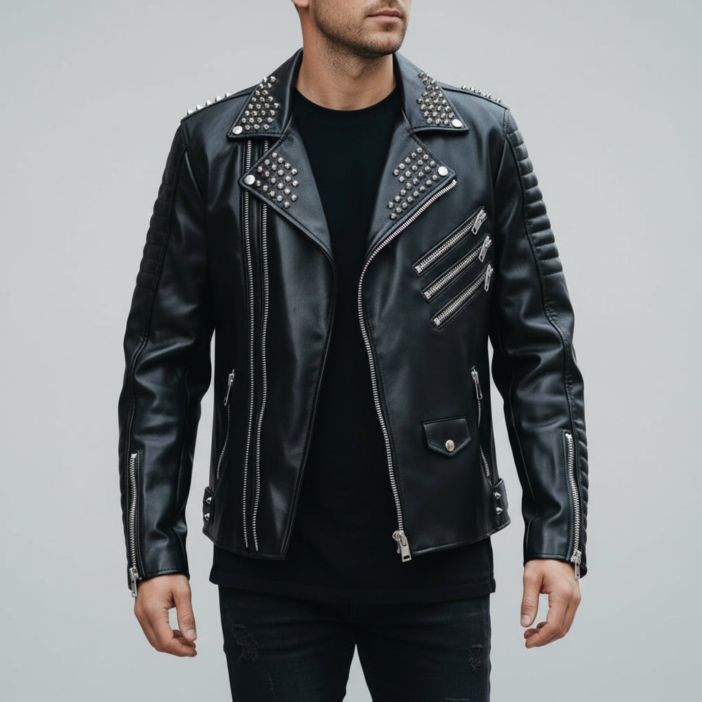Men's Black Studded Leather Biker Jacket