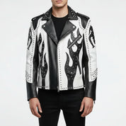 Men's Black and White Studded Leather Biker Jacket