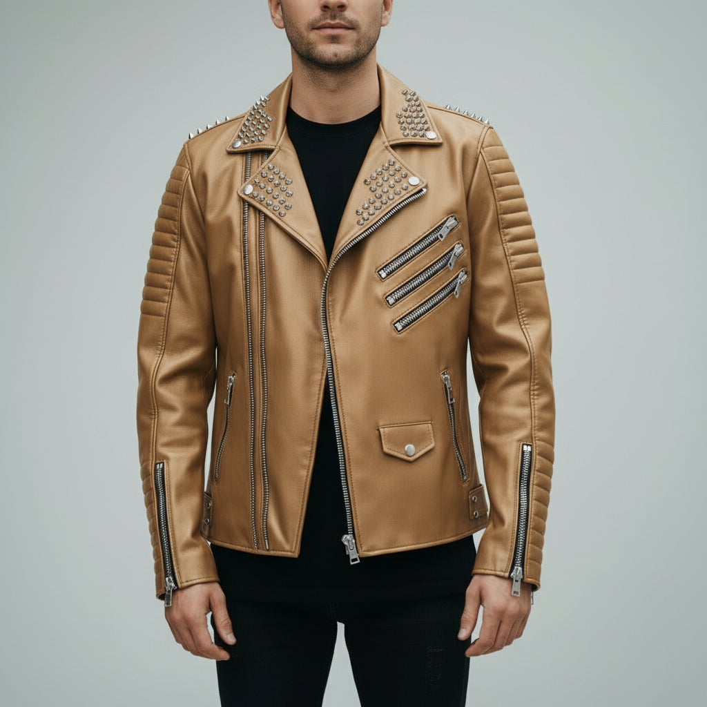 Men's Tan Studded Leather Biker Jacket