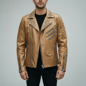 Men's Tan Studded Leather Biker Jacket