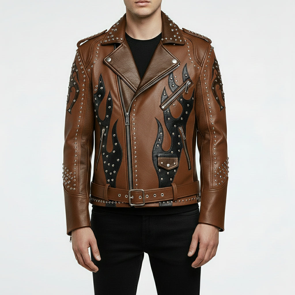 Men's Brown and Black Studded Leather Biker Jacket