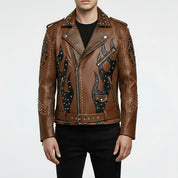 Men's Brown and Black Studded Leather Biker Jacket