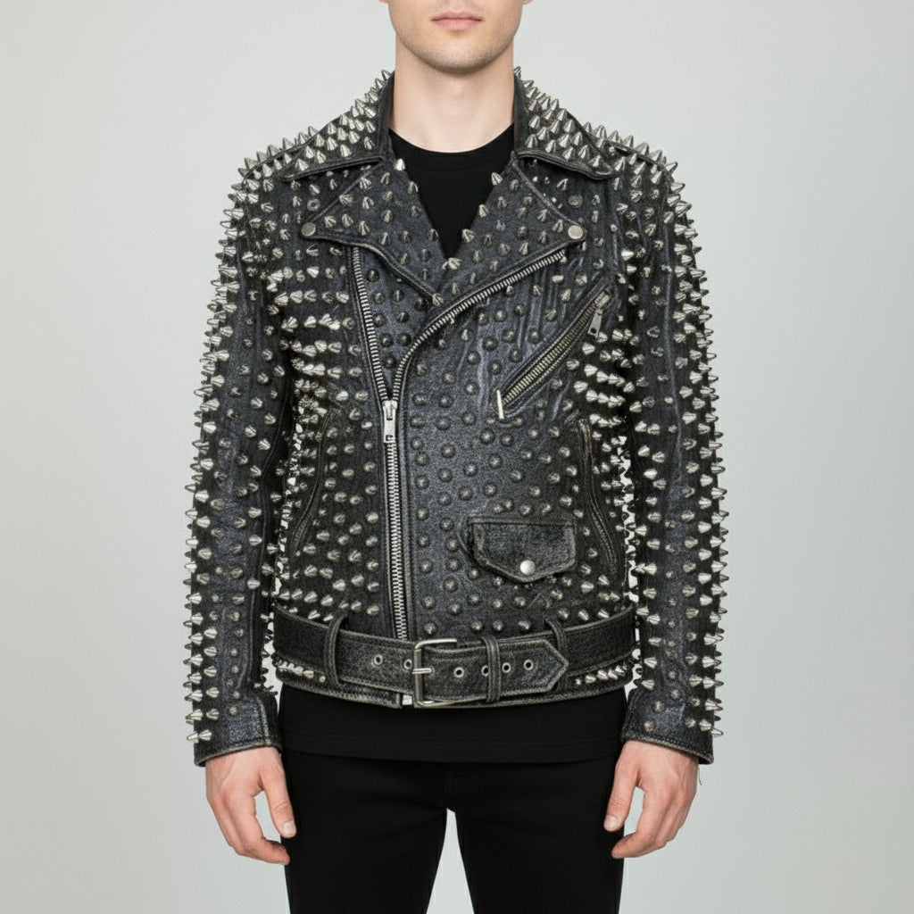 Men's Black Silver Studded Leather Biker Jacket – Rebels Market