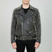 Men's Black Silver Studded Leather Biker Jacket