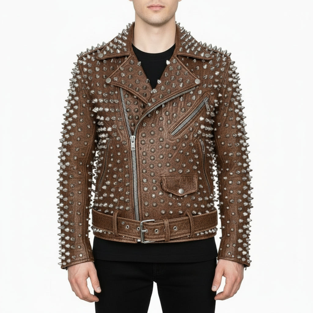 Men's Brown Silver Studded Leather Biker Jacket