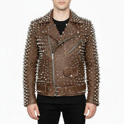 Men's Brown Silver Studded Leather Biker Jacket