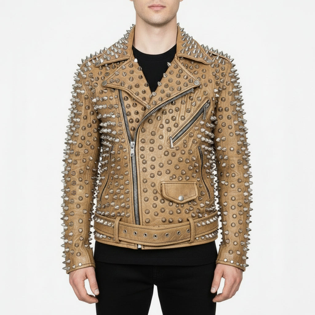 Men's Tan Silver Studded Leather Biker Jacket