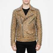 Men's Tan Silver Studded Leather Biker Jacket