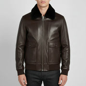 Men's Brown and Black Leather Bomber Jacket