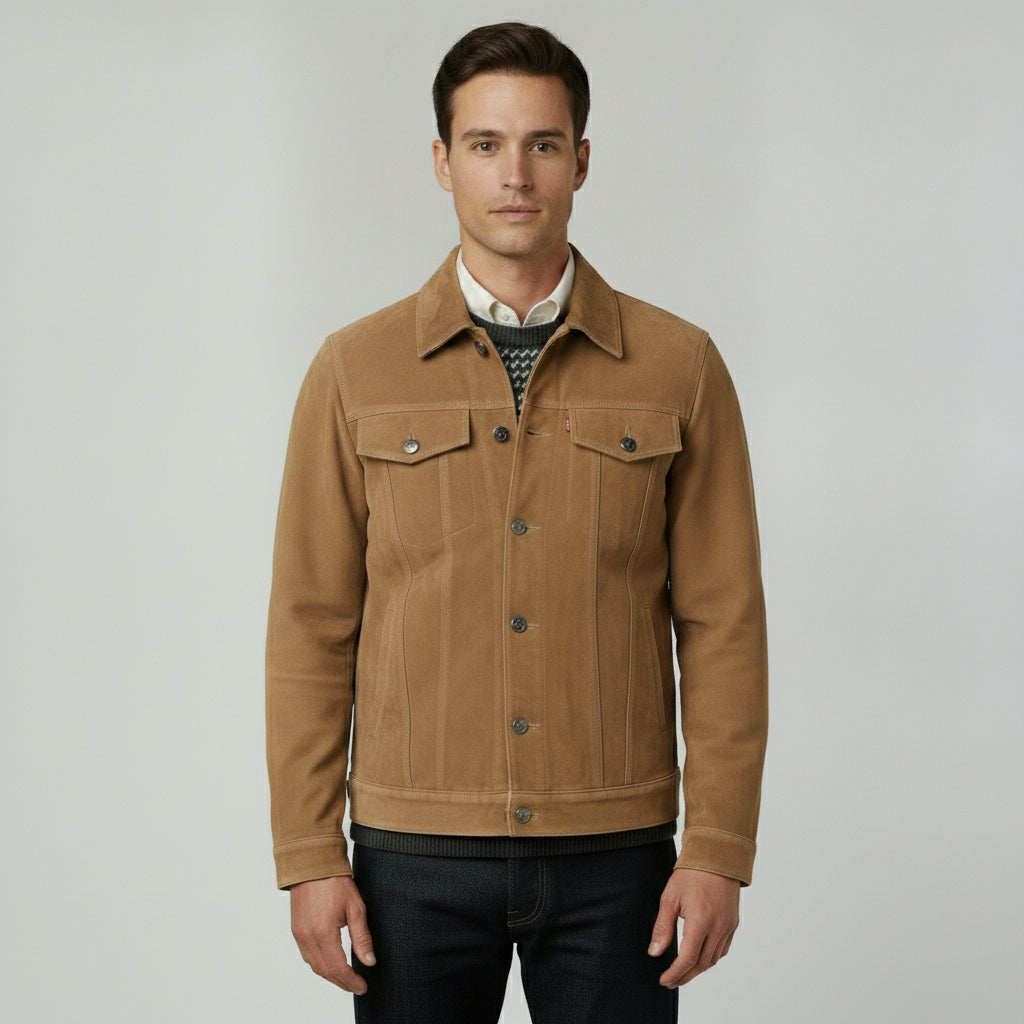 Men's Tan Suede Trucker Jacket