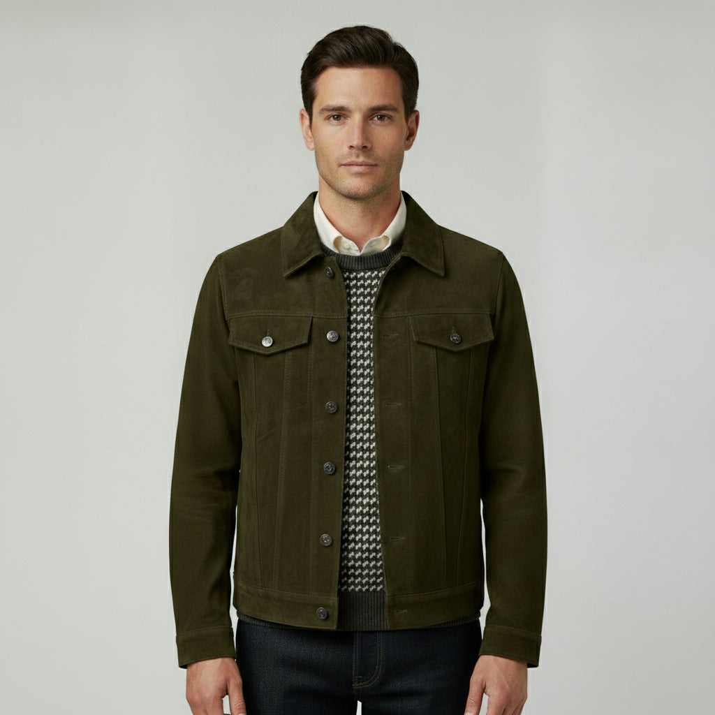 Men's Olive Green Suede Trucker Jacket