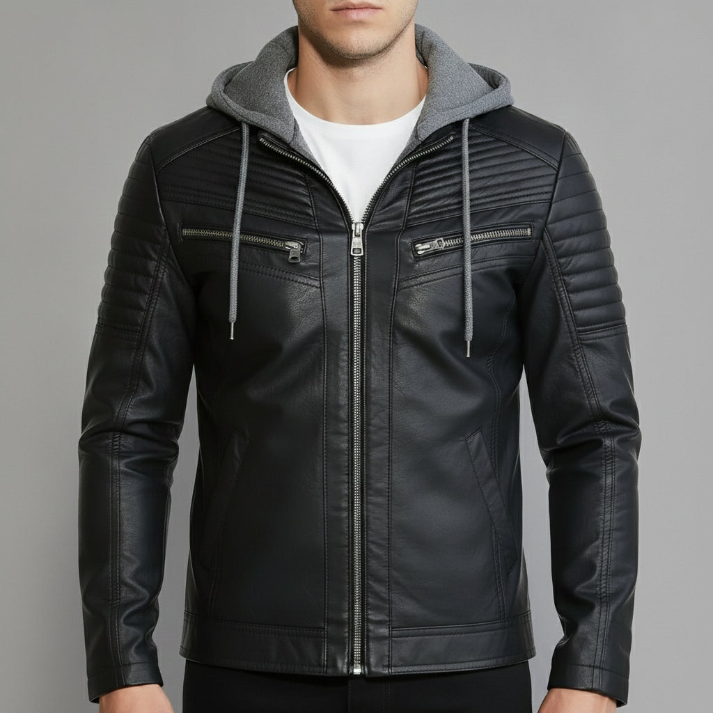 Men's Black and Grey Hooded Leather Biker Jacket
