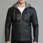 Men's Black and Grey Hooded Leather Biker Jacket