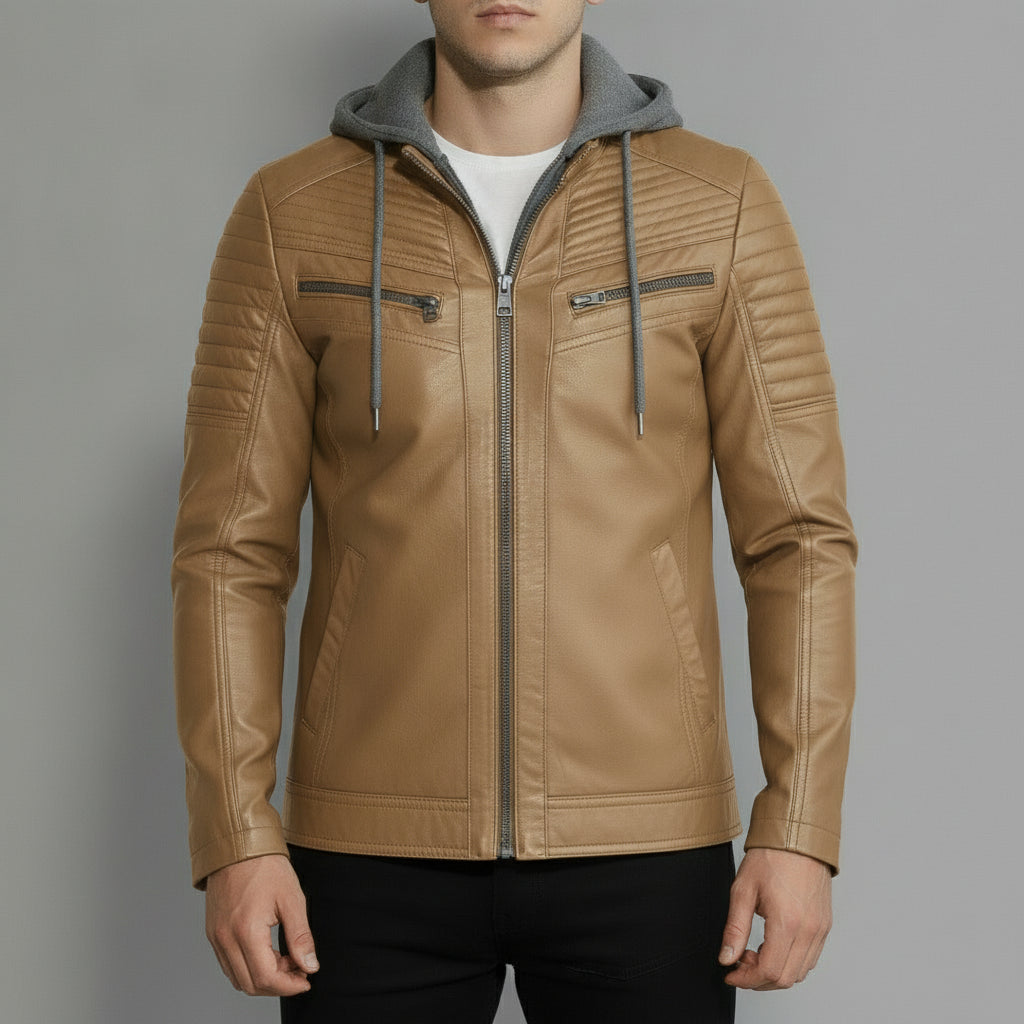 Men's Tan and Grey Hooded Leather Biker Jacket