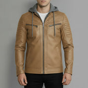Men's Tan and Grey Hooded Leather Biker Jacket