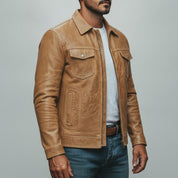 Men's Tan Leather Cafe Racer Jacket