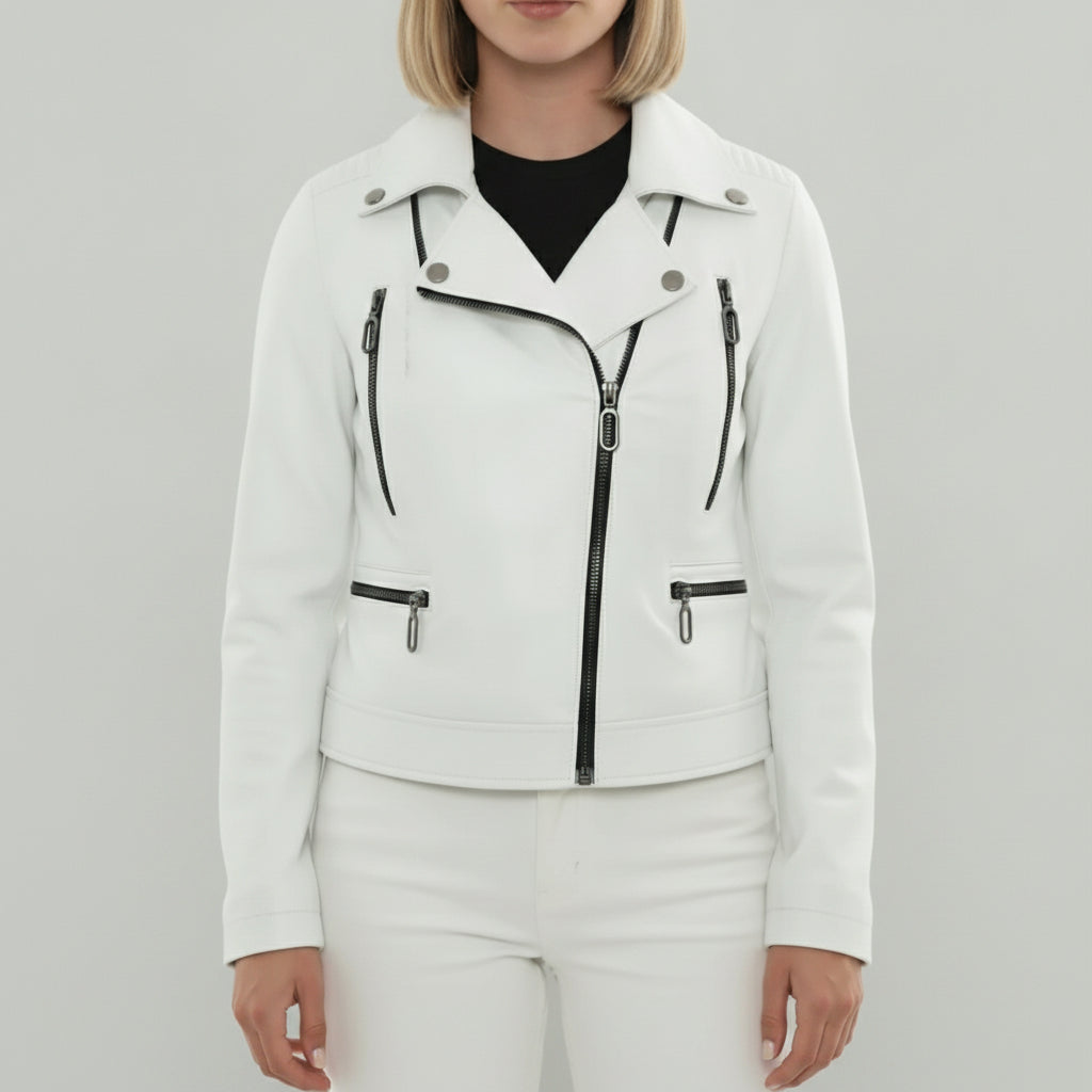 Women's White Leather Biker Jacket