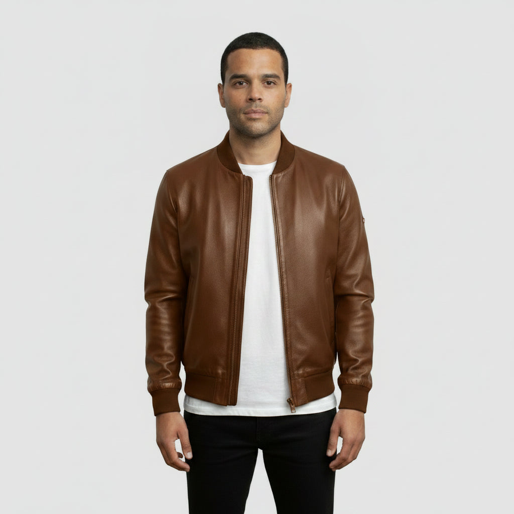 Men's Brown Leather Bomber Jacket