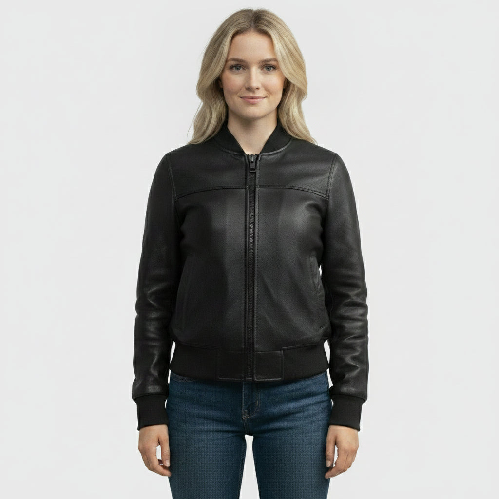 Women's Black Diamond-Embossed Leather Bomber Jacket