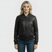 Women's Black Diamond-Embossed Leather Bomber Jacket