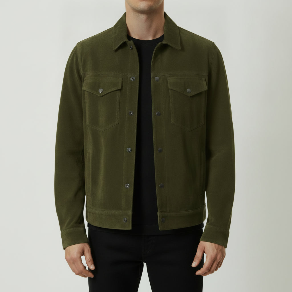 Men's Olive Green Suede Trucker Jacket
