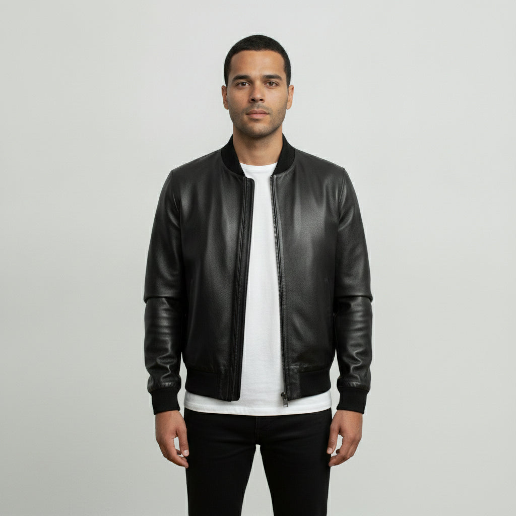 Men's Black Leather Bomber Jacket