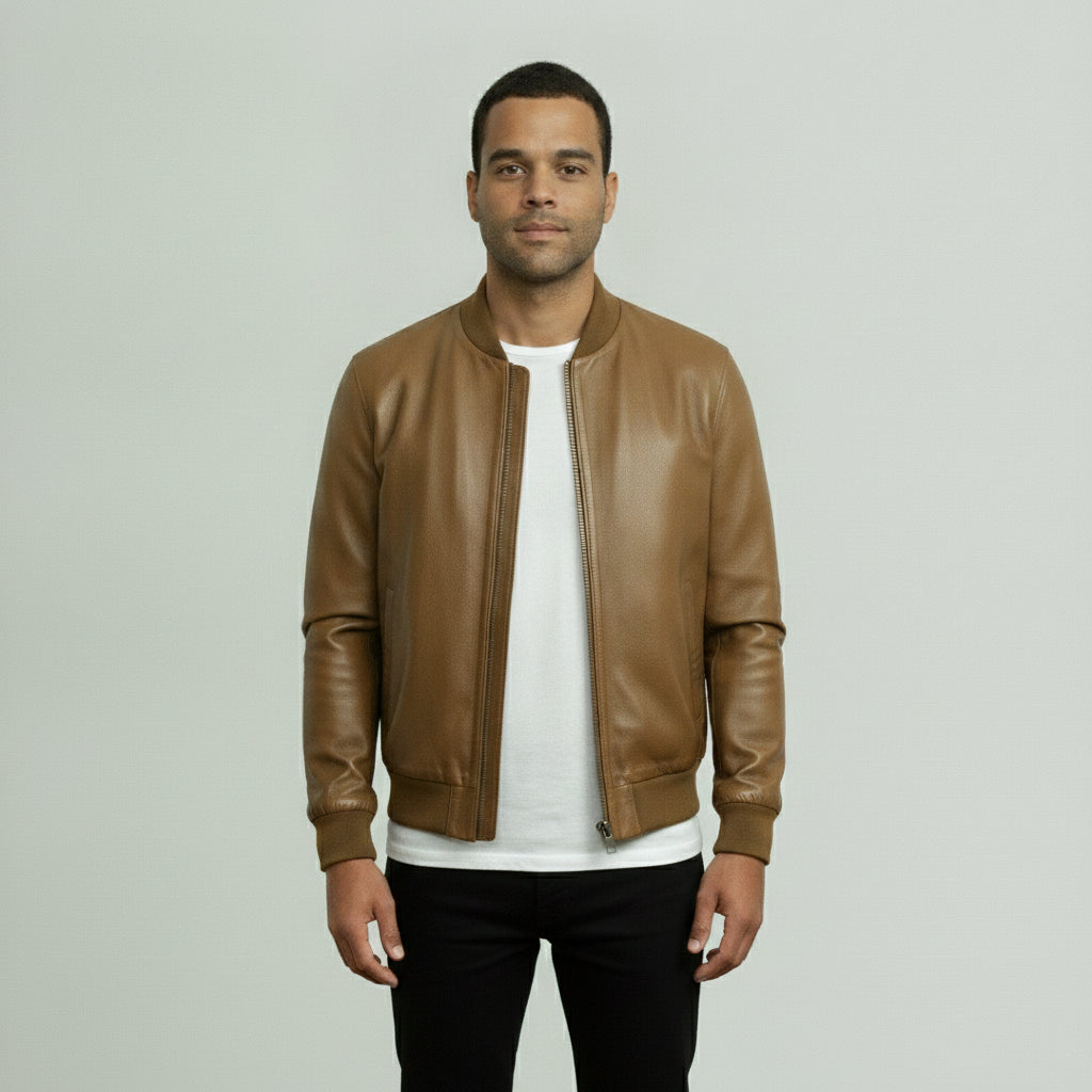 Men's Tan Leather Bomber Jacket
