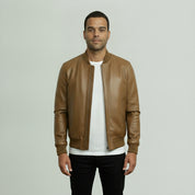 Men's Tan Leather Bomber Jacket