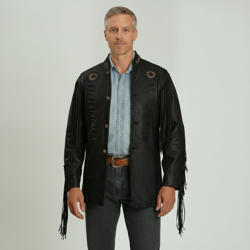 Men's Black Fringe Leather Biker Jacket