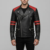Men's Black and Red Leather Biker Jacket
