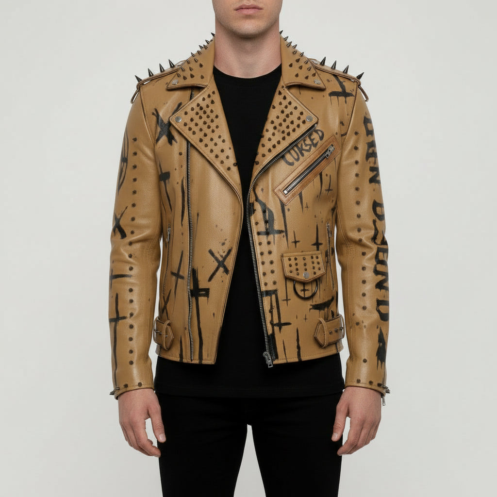 Men's Tan Leather Biker Jacket