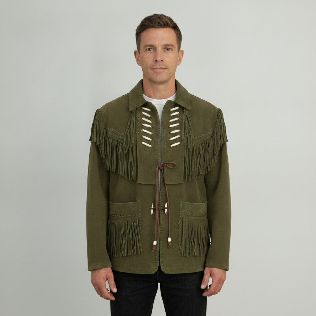 Men's Olive Green Fringed Suede Jacket