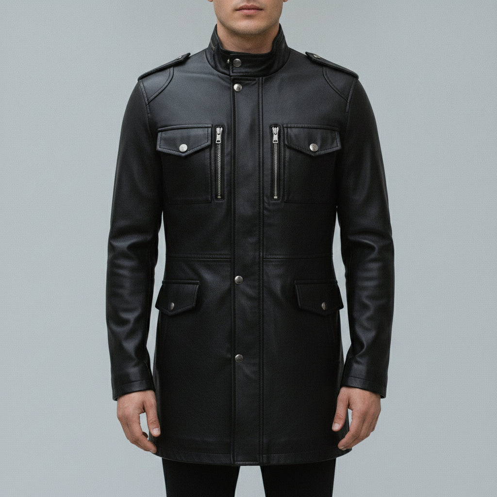 Men's Black Leather Long Jacket