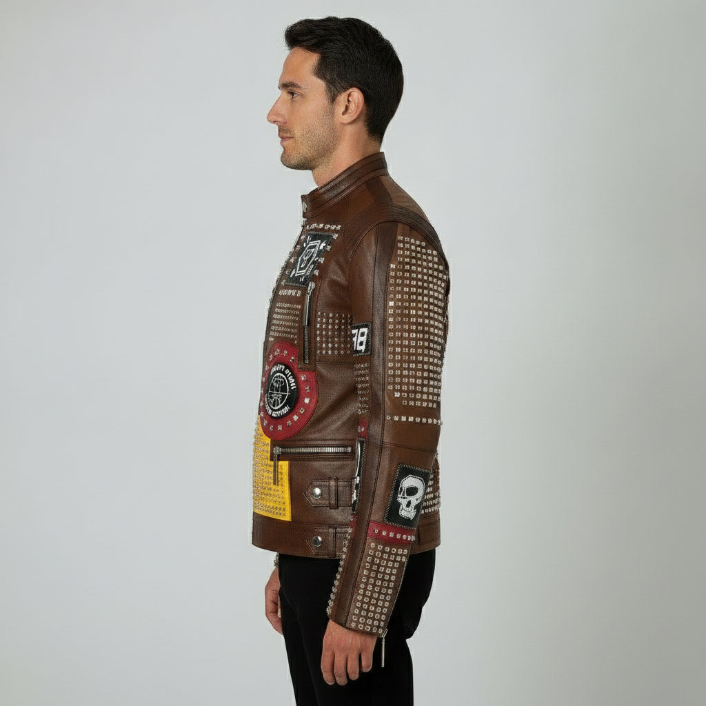 Men's Brown Diamond Studded Leather Biker Jacket