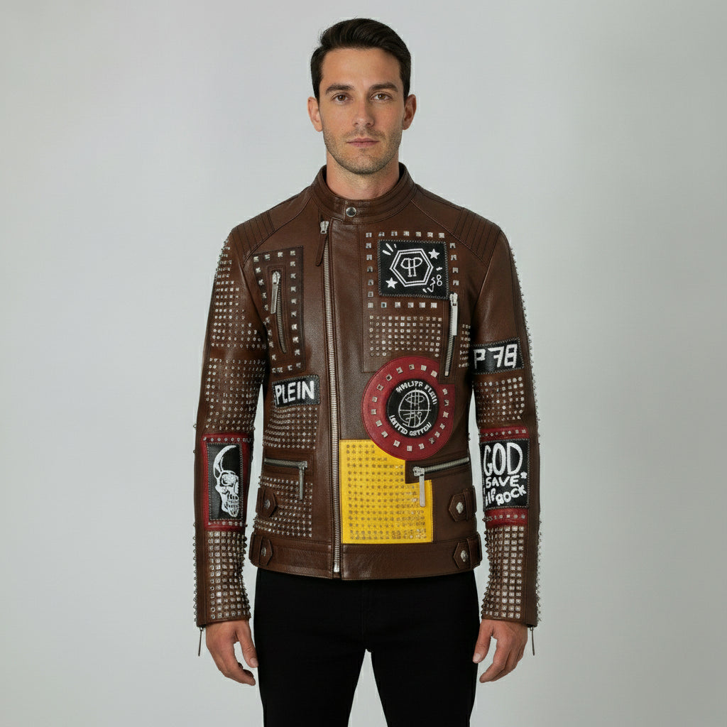 Men's Brown Diamond Studded Leather Biker Jacket