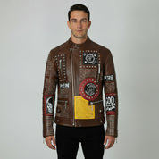 Men's Brown Diamond Studded Leather Biker Jacket