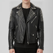 Men's Black Silver Studded Leather Biker Jacket
