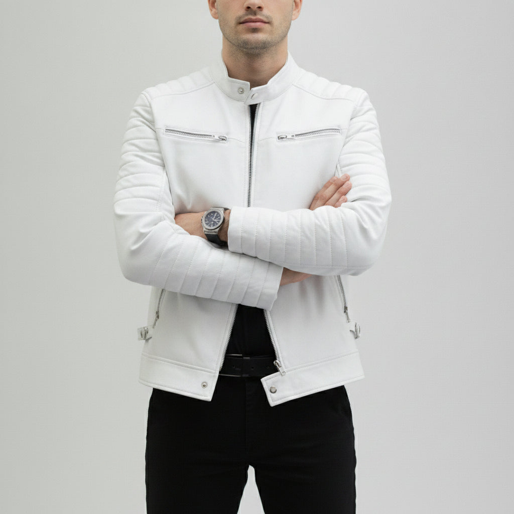 Men's White Leather Biker Jacket
