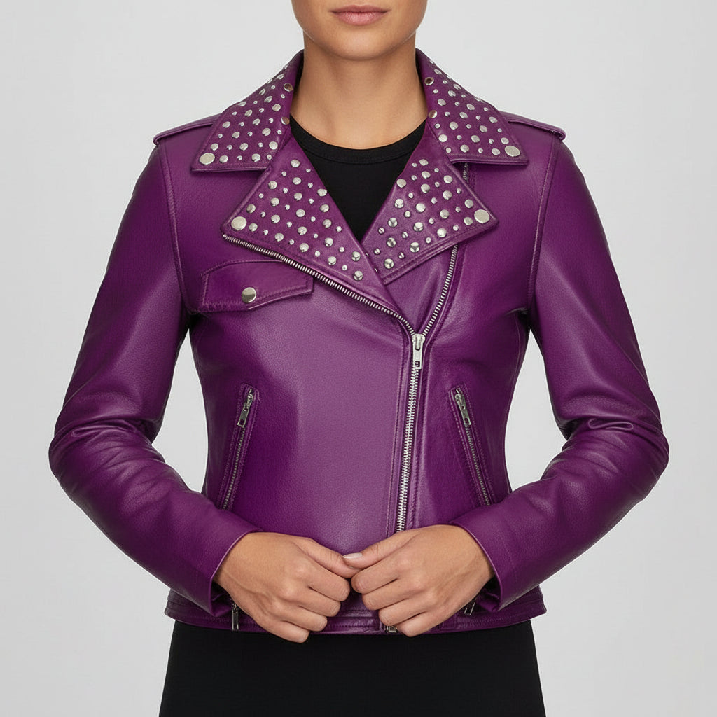 Women's Purple Studded Leather Biker Jacket
