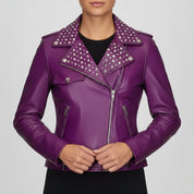 Women's Purple Studded Leather Biker Jacket